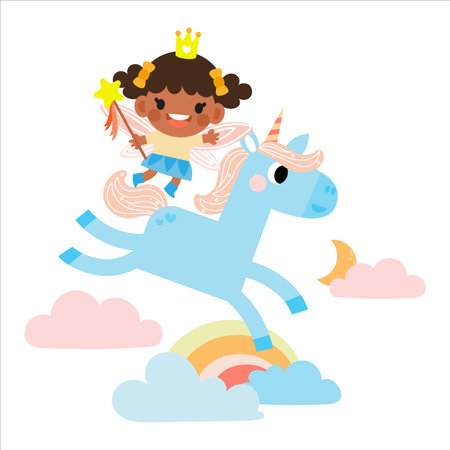 Fairy and Unicorn illustration with rainbow, stars, hearts, clouds, in cartoon style clipartのイラスト素材