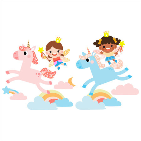 Fairy and Unicorn illustration with rainbow, stars, hearts, clouds, in cartoon style clipartのイラスト素材