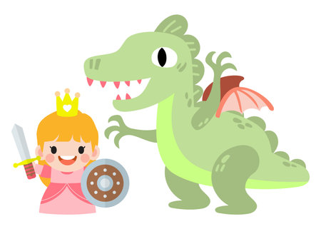 Fantasy knight princess and dragon . prince on horseback holding sword fights with dragon.のイラスト素材