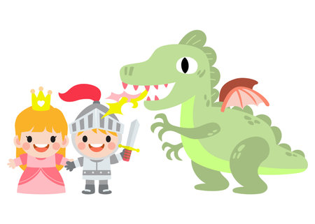 Fantasy knight princess and dragon . prince on horseback holding sword fights with dragon.のイラスト素材