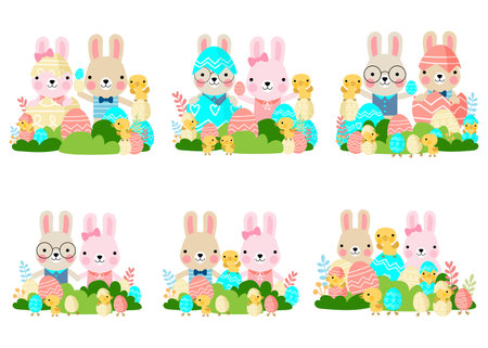 Easter bunny rabbits with baby chicks and Easter eggs, Welcome spring seasonのイラスト素材