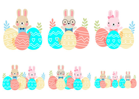 Easter bunny rabbits and Easter eggs, Welcome spring season,のイラスト素材