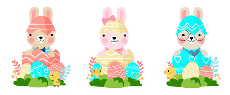 Easter bunny rabbits and Easter eggs, Welcome spring season,のイラスト素材