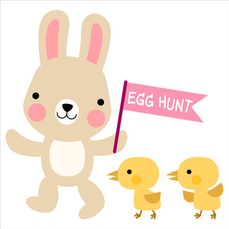 Easter bunny rabbits with baby chicks and Easter eggs, Welcome spring seasonのイラスト素材