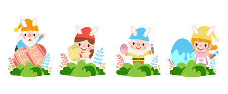 Easter gnomes with bunny rabbit ears, Cute woman wearing bunny ears and Easter eggsのイラスト素材