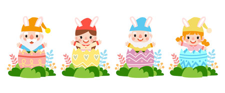 Easter gnomes with bunny rabbit ears, Cute woman wearing bunny ears and Easter eggsのイラスト素材