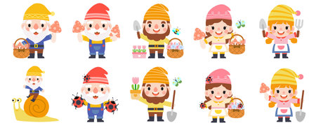 Garden Gnome and Woman cartoon, Gardening and Spring, Garden tools and decor collectionのイラスト素材