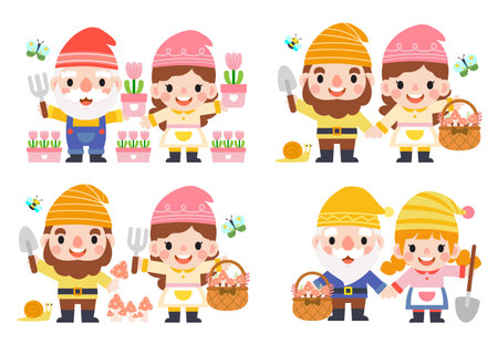 Garden Gnome and Woman cartoon, Gardening and Spring, Garden tools and decor collectionのイラスト素材