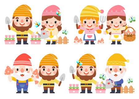 Garden Gnome and Woman cartoon, Gardening and Spring, Garden tools and decor collectionのイラスト素材