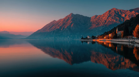 A mountain lake sunrise reflection calm water autumn orange sky peaceful tranquil waterfront village serene landscape mountain lake mirror still water dawn morning light dusk twilight red rockの素材