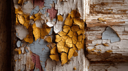 A peeling paint cracked wall weathered wood rustic texture vintage surface chipped coating flaking layer old building faded color grunge detail peeling paint cracked wall weathered wood frameの素材