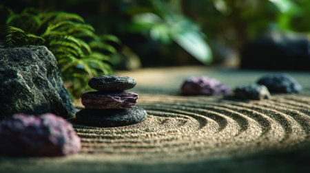 A zen garden sand rock stone ripple balance harmony nature meditation relaxation zen garden with sand ripple around balanced rock stone, surrounded by green nature and soft light for calm meditationの素材