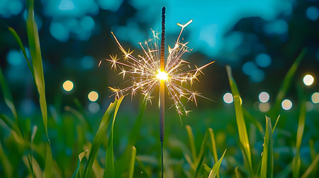 A sparkling firework illuminates twilight, surrounded by lush green grass, creating magical and festive atmosphere. blurred background enhances focus on bright sparklerの素材