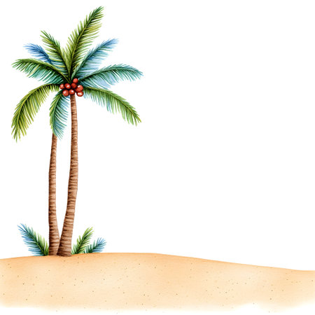 A tropical beach scene with two palm trees and coconuts on sandy shore, evoking serene and relaxing atmosphere. clear white background enhances vibrant colors of palm leavesの素材