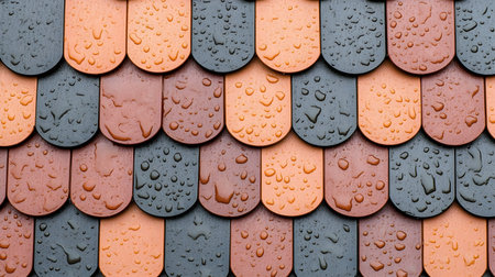 A colorful roof shingles with raindrops create vibrant pattern. alternating orange and gray tiles form textured surface, showcasing beauty of wet architectural designの素材