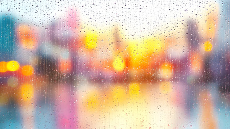 A rainy cityscape is viewed through window covered in raindrops, creating blurred and colorful effect with vibrant lights in background. scene evokes sense of calm and reflectionの素材
