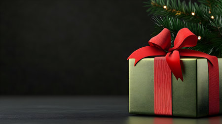 A beautifully wrapped green gift box with vibrant red ribbon sits beside decorated christmas tree branch, evoking festive and joyful holiday atmosphereの素材