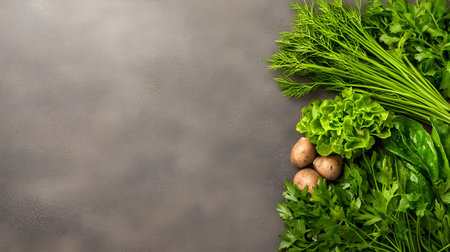 A fresh green vegetables including lettuce, spinach, parsley, and dill are arranged with potatoes on textured gray background, creating vibrant and healthy compositionの素材