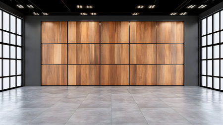 A modern, spacious interior features sleek wooden panel wall, complemented by large, grid style windows and polished concrete floor. minimalist design creates clean, open atmosphereの素材
