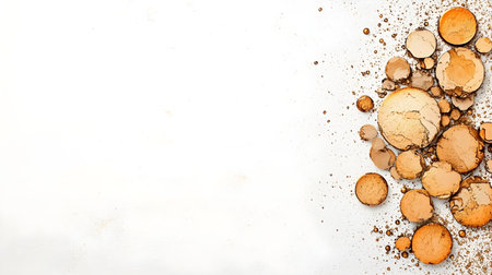 A crushed makeup powders in various shades of brown and beige are scattered on white background, creating textured and artistic composition. image conveys sense of creativity and beautyの素材