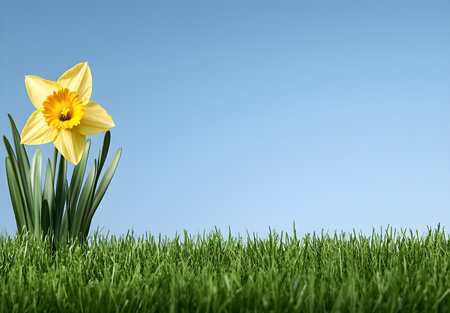 A single yellow daffodil stands gracefully against clear blue sky, surrounded by lush green grass, evoking sense of spring and renewalの素材
