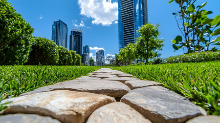 A stone pathway leads through lush green garden with tall skyscrapers in background under bright blue sky. scene blends nature with urban architecture, creating serene yet dynamic atmosphereの素材