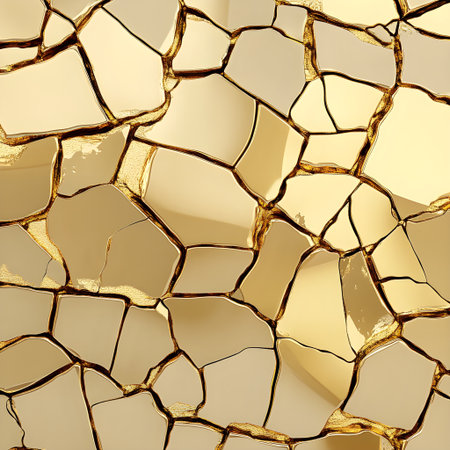 A close up of cracked golden surface with abstract, reflective texture, creating luxurious and artistic pattern. image captures intricate details and shimmering effect of goldの素材
