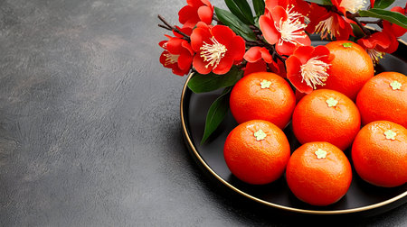 A black plate with vibrant oranges adorned with gold leaf and red flowers creates festive and elegant display on dark textured backgroundの素材