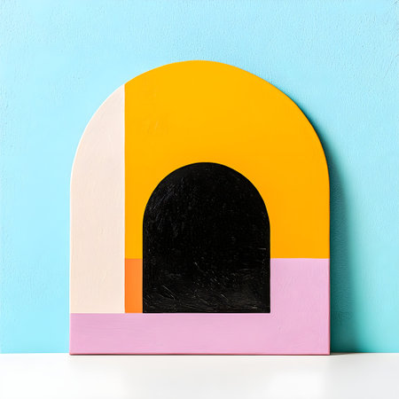 A colorful abstract geometric artwork featuring bold shapes and vibrant colors, including yellow, pink, black, and blue, creating modern and playful aestheticの素材