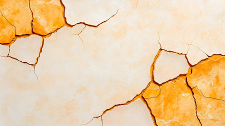 A cracked dry earth with orange and beige tones creates striking texture, evoking sense of arid landscapes and environmental changeの素材