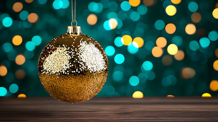 A sparkling gold christmas ornament hangs against backdrop of blue and yellow bokeh lights, creating festive and joyful atmosphere. wooden surface adds warmth to sceneの素材