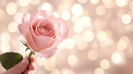 A delicate pink rose is held gently against soft, glowing bokeh background, creating romantic and dreamy atmosphereの素材