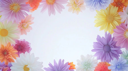 A colorful flowers frame white background, creating vibrant and cheerful border. arrangement includes daisies and chrysanthemums shades of pink, purple, yellow, and orange, evoking sense of springの素材