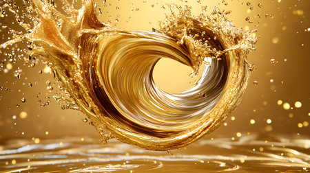 A swirling splash of golden liquid forms heart shape, surrounded by droplets against shimmering gold background, creating sense of luxury and eleganceの素材