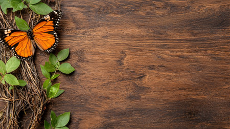 A vibrant orange butterfly rests on wooden surface adorned with green leaves and twigs, creating natural and serene composition. rich wood texture contrasts beautifully with butterfly vivid colorsの素材