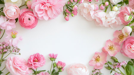 A beautiful floral arrangement with pink and white flowers creates delicate frame on white background, evoking sense of elegance and tranquilityの素材