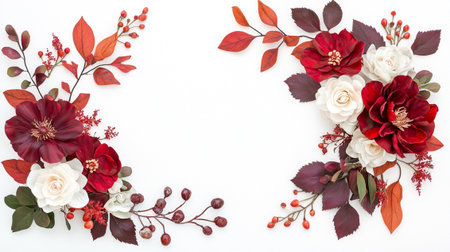 A floral arrangement with red and white flowers and autumn leaves on white background, creating vibrant and elegant design. composition features rich colors and textures, perfect for seasonal decorの素材