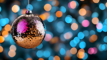 A shimmering disco ball hangs against vibrant bokeh background, creating festive and lively atmosphere. colorful lights reflect off mirrored surface, enhancing celebratory moodの素材