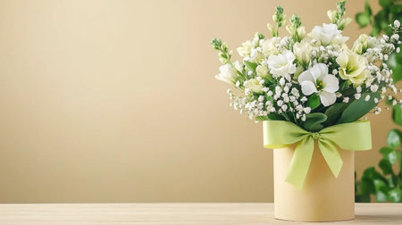 A beautiful floral arrangement in yellow vase with green ribbon sits on wooden table against beige background, creating serene and elegant atmosphereの素材