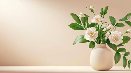 A minimalist arrangement of white roses in simple vase sits on right edge of neutral toned surface, creating serene and elegant atmosphereの素材