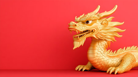 A golden dragon sculpture with intricate details sits against vibrant red background, symbolizing power and prosperity. dragon fierce expression and elegant design create striking visual impactの素材