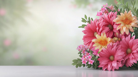 A vibrant bouquet of pink and yellow flowers with green leaves is placed on white surface, set against soft, blurred background. arrangement exudes fresh and cheerful ambianceの素材