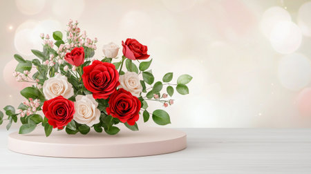 A beautiful arrangement of red and white roses with green leaves and small pink flowers is elegantly displayed on round platform against soft, blurred backgroundの素材