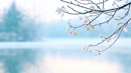 A winter branch frosty twig snow leaf frozen lake tranquil nature cold morning soft focus landscape winter branch with frosty twig and snow leafの素材
