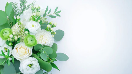 A wedding bouquet white flower green leaf minimal composition copy space floral arrangement romantic delicate freshの素材