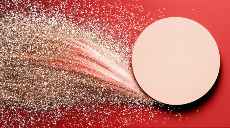 A gold glitter dust red background round podium cosmetic product holiday glamour luxury sparkle festive design minimal style copy space beautyの素材