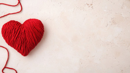 A red heart string, yarn heart love, minimal valentine background, romantic symbol shape on beige stone, copy space for textの素材