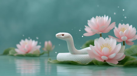 A white snake lotus flower fantasy serene water pastel dream scene, gentle reptile among blooming petals and soft bokeh glowの素材
