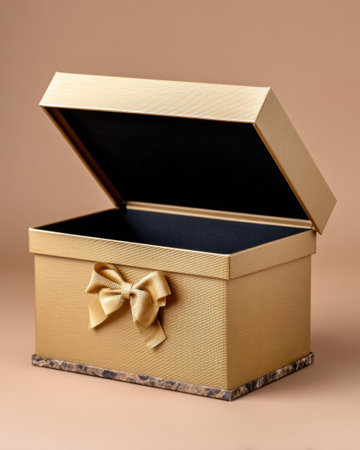 An elegant gift box premium packaging luxury present box open lid golden bow marble base blank space minimalist style copy space mockupの素材
