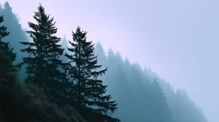 A soft fog distant forest tree silhouette misty hill minimal contrast clean sky evergreen tree calm mood soft fog distant forest tree silhouetteの素材